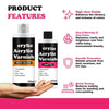 A bottle of acrylic varnish is shown next to a hand, highlighting its features like high gloss and matte finishes.