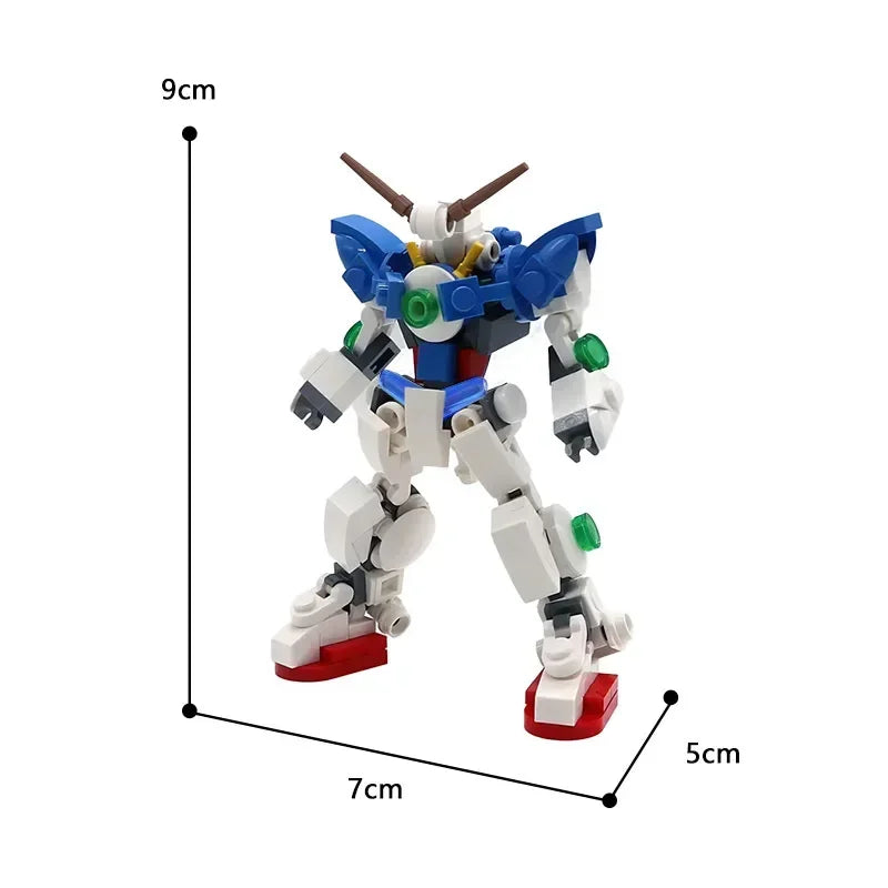 A white and blue exoskeleton combat robot model built from building blocks.