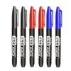 A set of six permanent fine-tip markers in black, red, and blue, shown vertically.