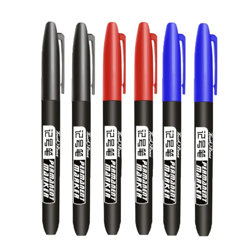 A set of six permanent fine-tip markers in black, red, and blue, shown vertically.