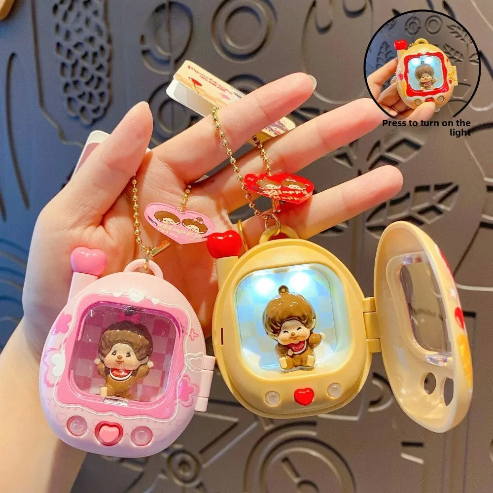 Retro Mini TV Keychain with Light-Up Surprise Doll