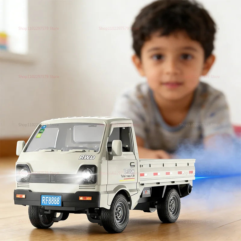 A white 1:16 scale 4WD RC truck is shown in a close-up, with a young boy in the background.