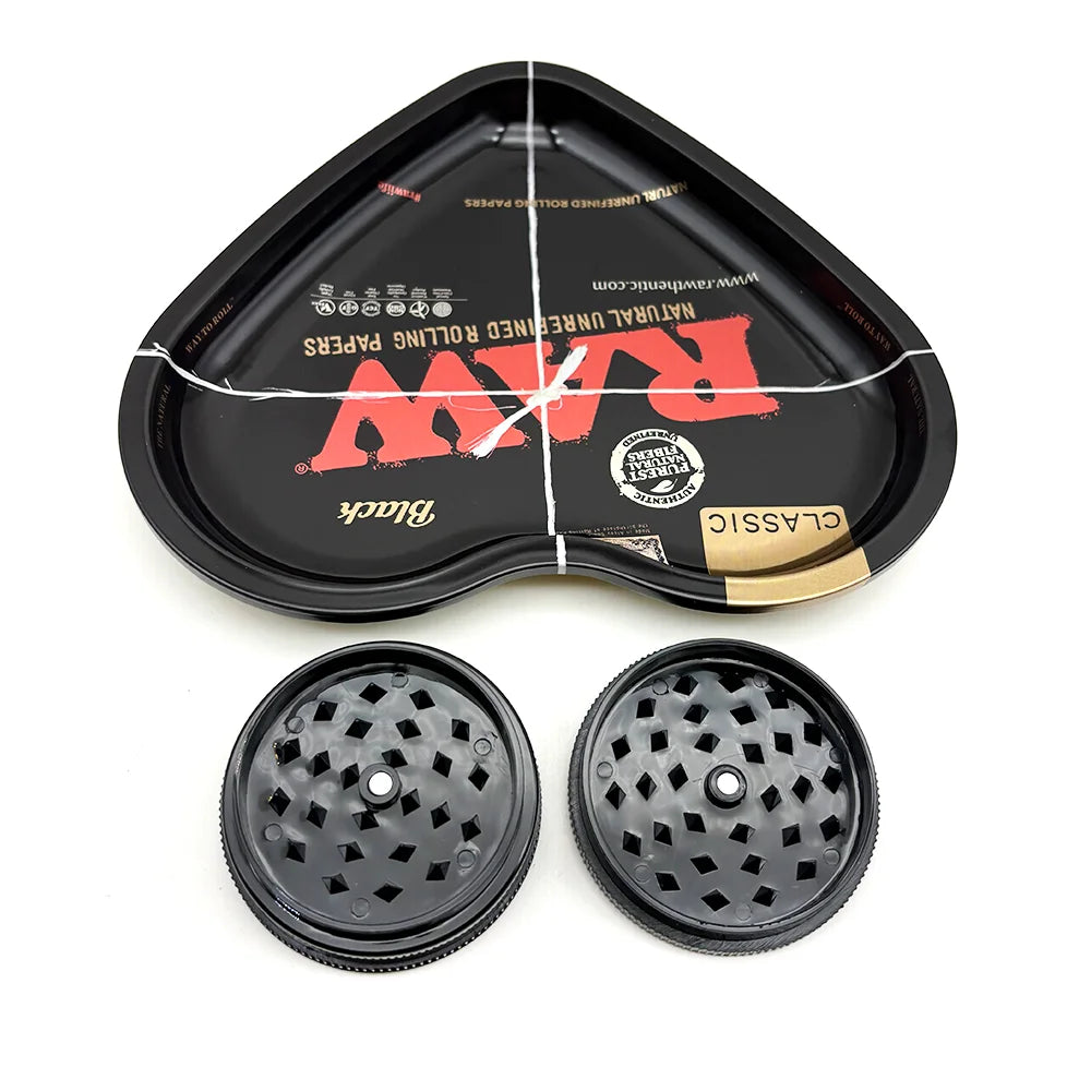 Black love-shaped metal rolling tray with a 2-layer herb grinder