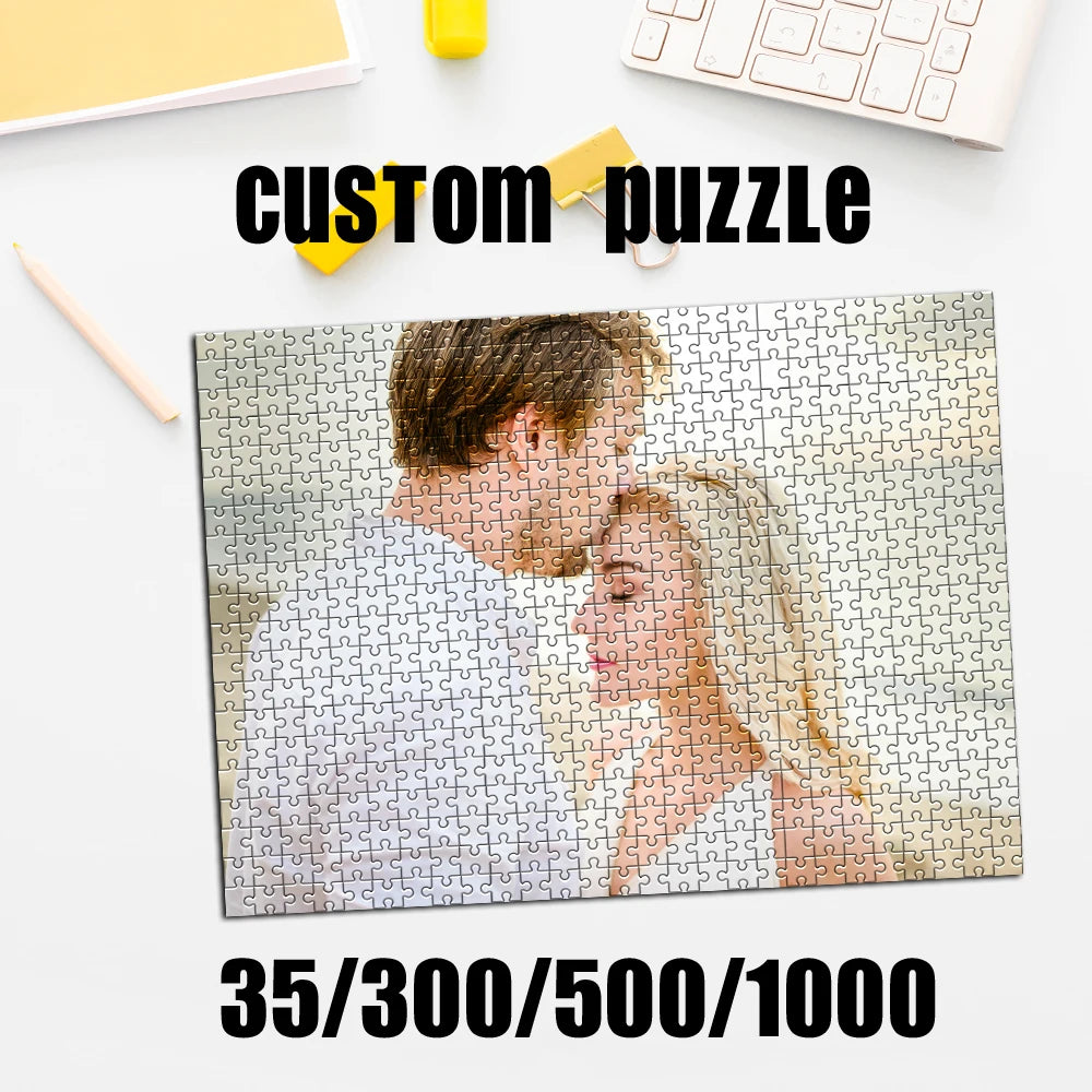 A custom jigsaw puzzle featuring a photo of a man and a woman, with various puzzle pieces scattered around.