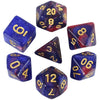 A set of polyhedral dice featuring a deep blue and purple cosmic effect.