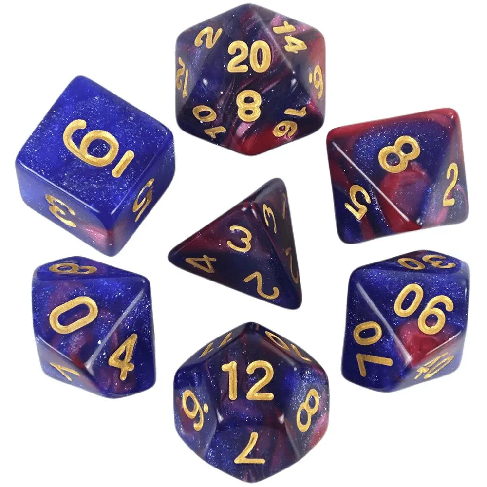 A set of polyhedral dice featuring a deep blue and purple cosmic effect.