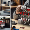 A person is assembling a detailed motorized V8 supercar engine building kit with many small parts.