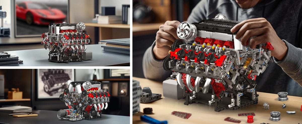 A person is assembling a detailed motorized V8 supercar engine building kit with many small parts.
