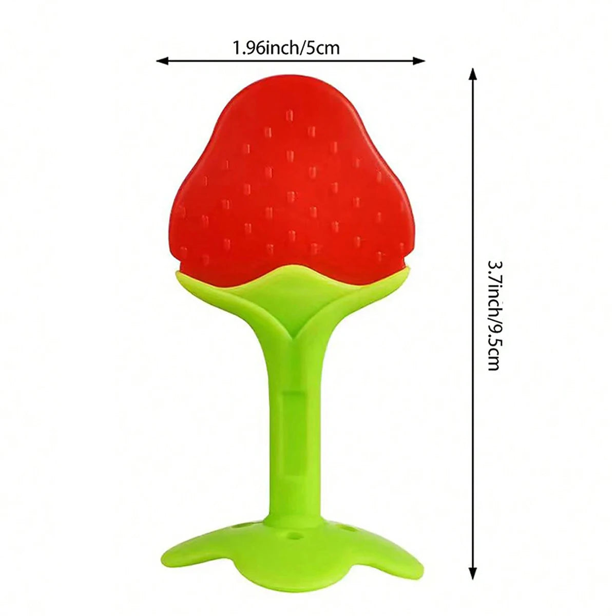 A bright red, fruit-shaped silicone baby teether with a yellow handle and green base.