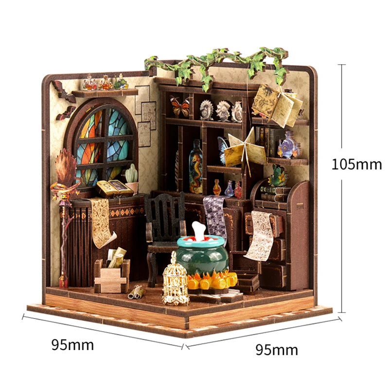 A wooden miniature dollhouse kit featuring detailed furniture, plants, and decorative items built into a puzzle structure.