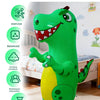 A bright green inflatable dinosaur punching bag is shown in a bedroom setting, highlighting six selling points.