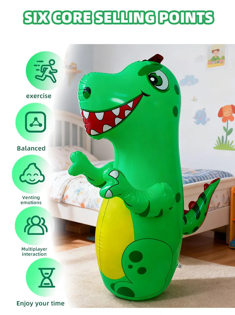 A bright green inflatable dinosaur punching bag is shown in a bedroom setting, highlighting six selling points.