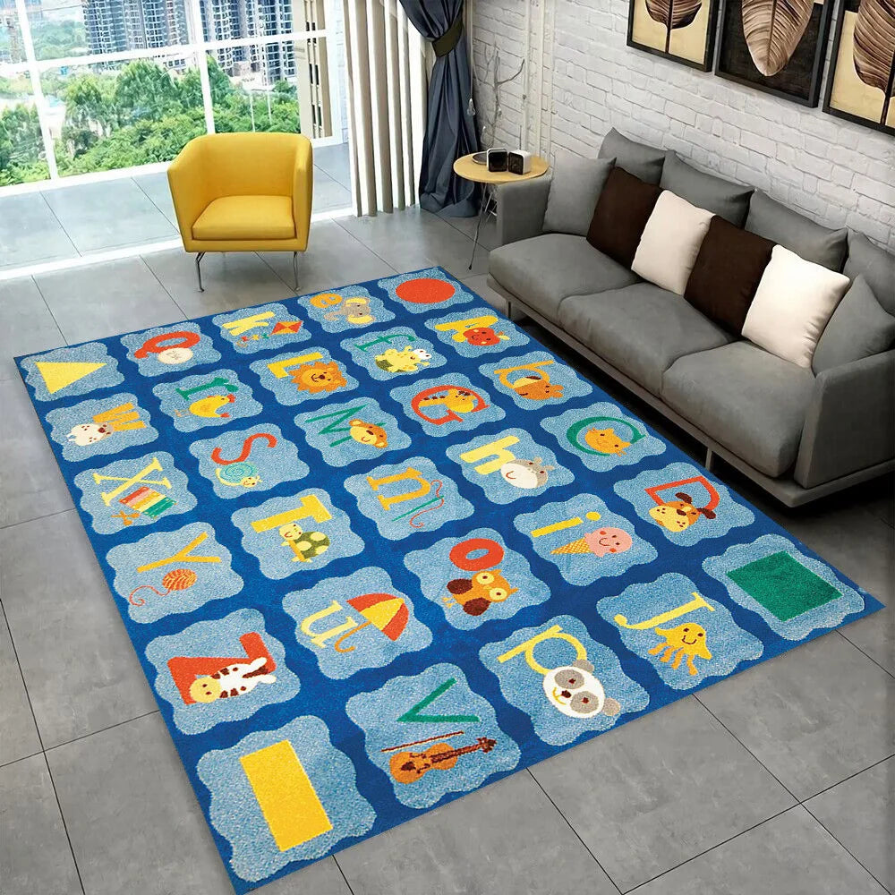A blue educational rug featuring colorful alphabet cartoon characters and letters for a playroom.