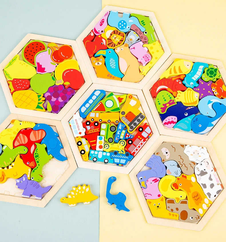 A colorful wooden 3D jigsaw puzzle for kids featuring various animal shapes and bright colors.