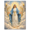 Diamond painting of Jesus and Virgin Mary with golden halo and flowing blue robes against a cloudy sky