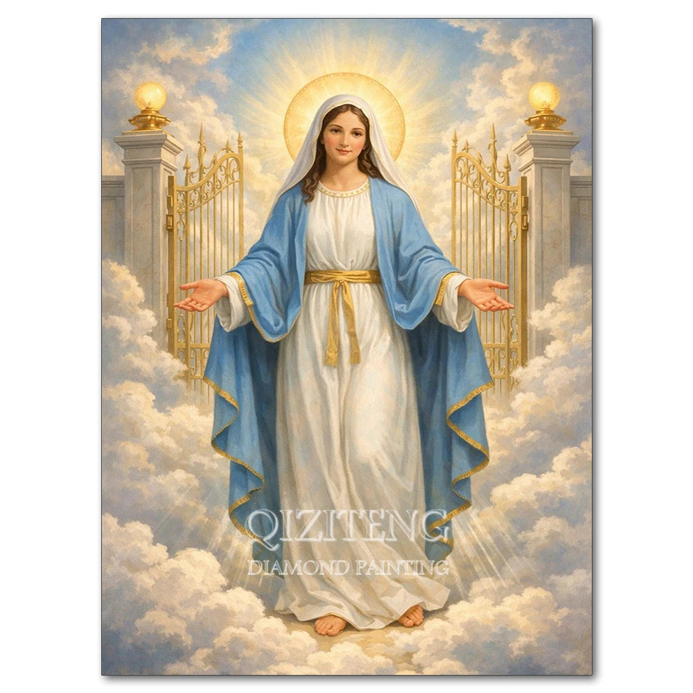 Diamond painting of Jesus and Virgin Mary with golden halo and flowing blue robes against a cloudy sky