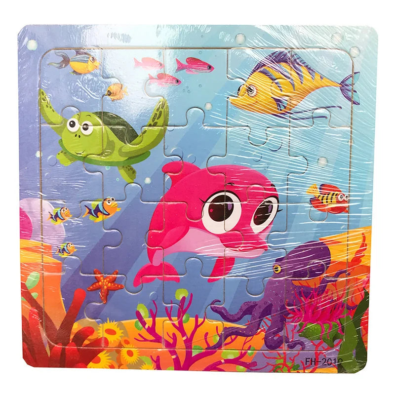 A colorful jigsaw puzzle featuring various wooden animals and vehicles for toddlers.