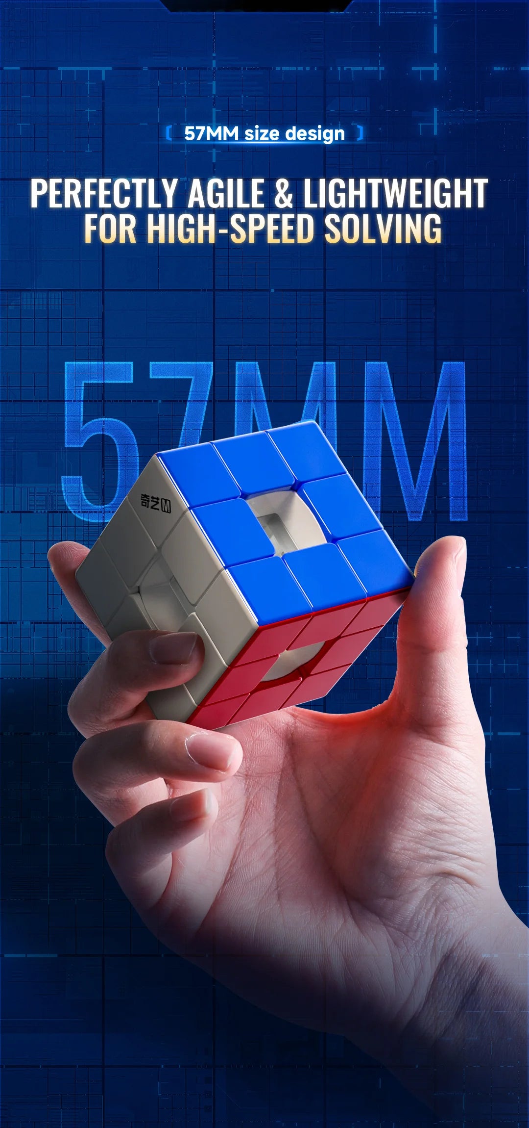 A hand holds a blue and red magnetic 3x3 speed cube puzzle against a dark blue technical background.