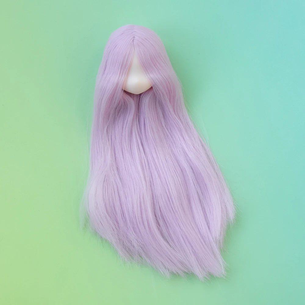 A long, flowing lavender hairpiece for a doll collectible.
