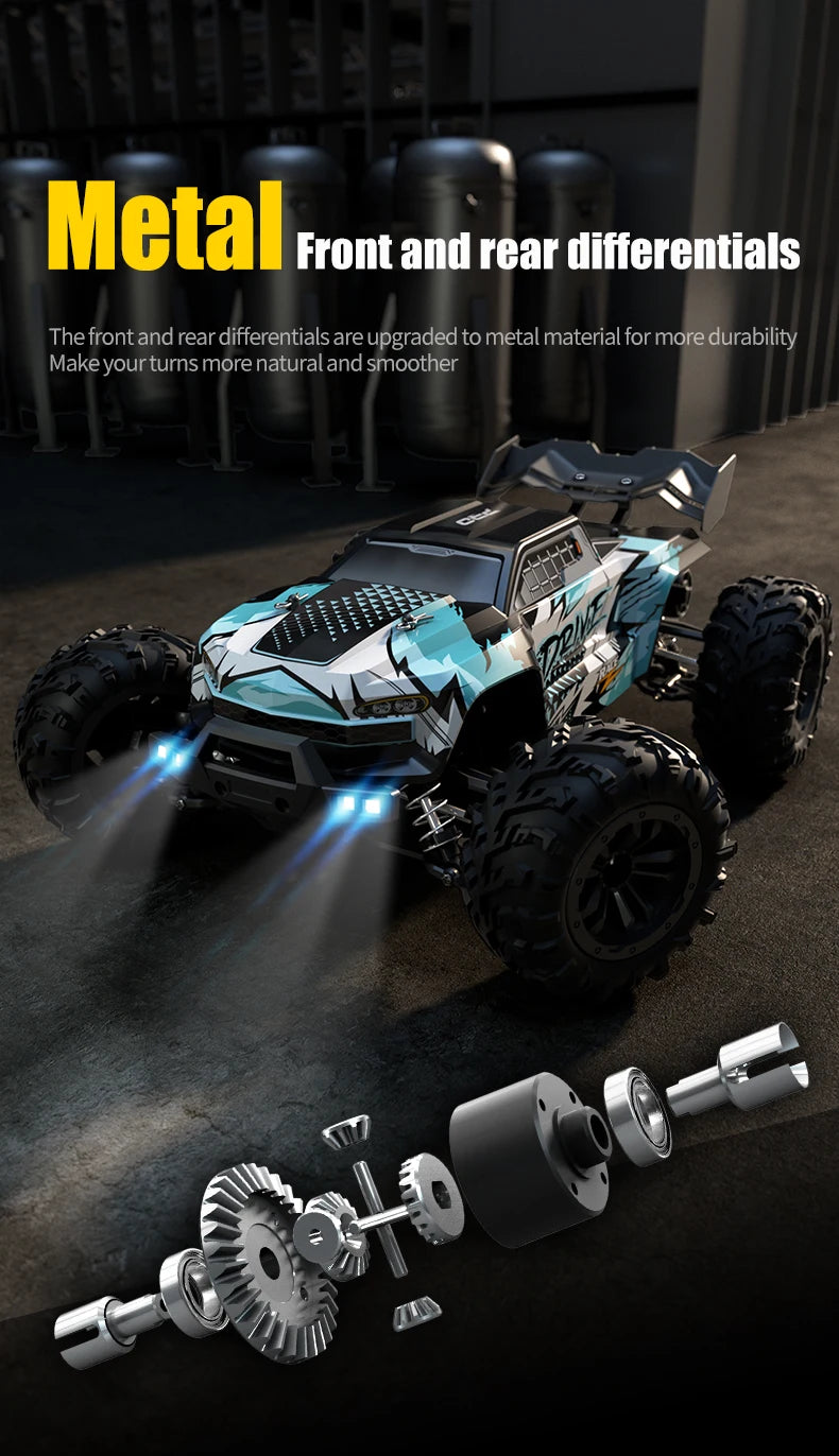 A black and blue high-speed 4WD RC monster truck with front and rear differentials visible on a dark surface.