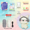 A DIY crochet kit featuring yarn, a needle, a packing bag, and instructions for making a kitten toy.
