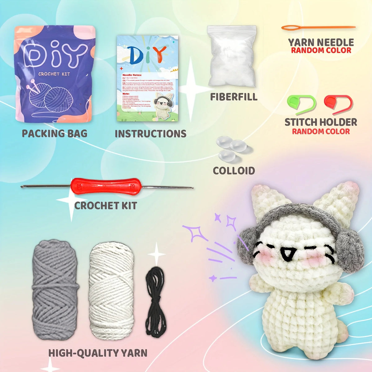 A DIY crochet kit featuring yarn, a needle, a packing bag, and instructions for making a kitten toy.