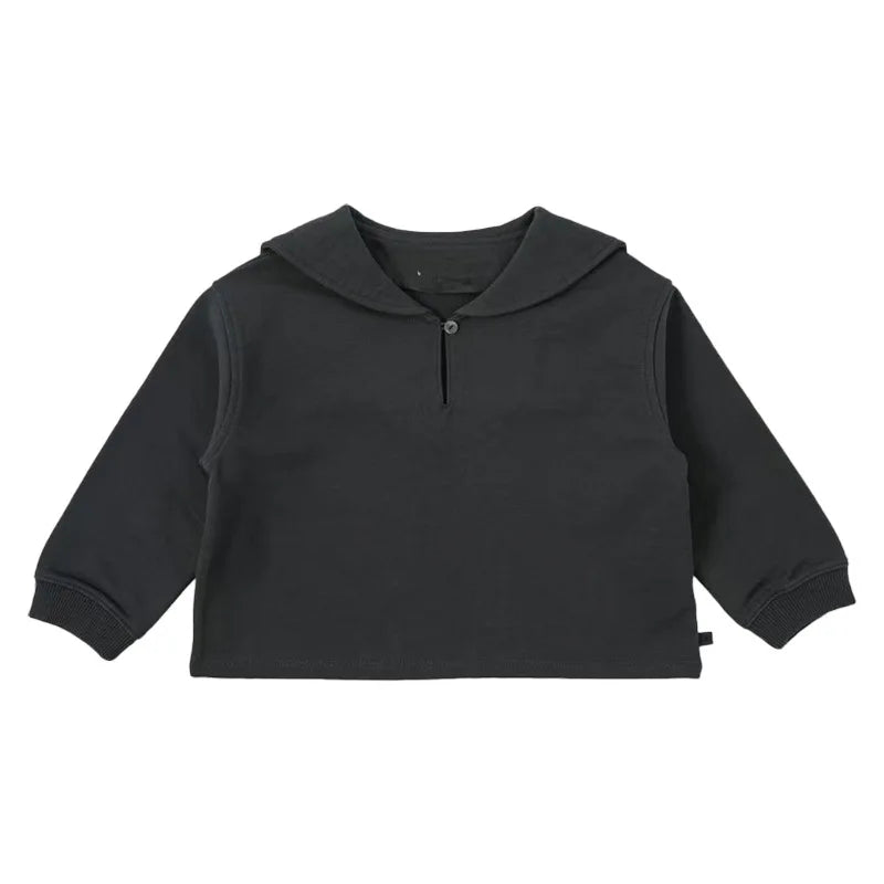 A black knit sweater top with a rounded neckline and long sleeves.