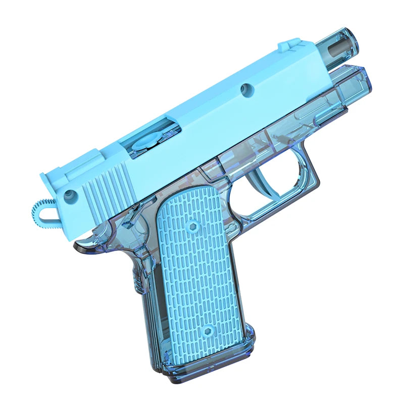 A light blue plastic pistol water gun with a textured grip and clear barrel.