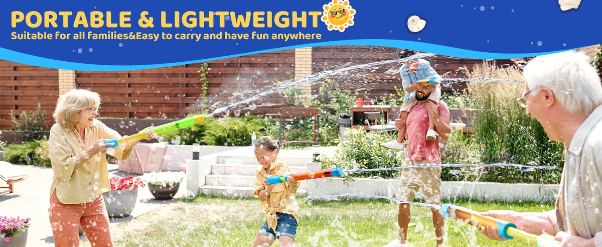 A family is playing outdoors with long range water blaster squirt guns in a garden setting.