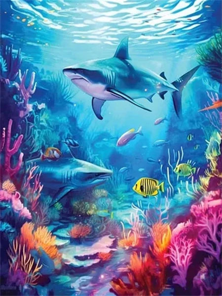 Underwater view of a dolphin swimming above colorful coral and sea plants.