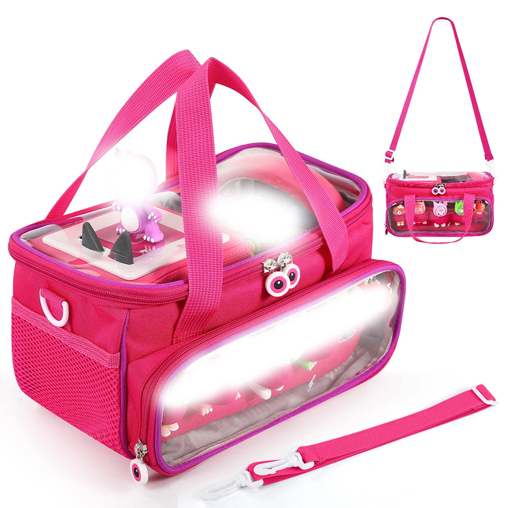 Pink Toniebox travel case with adjustable strap and included accessories