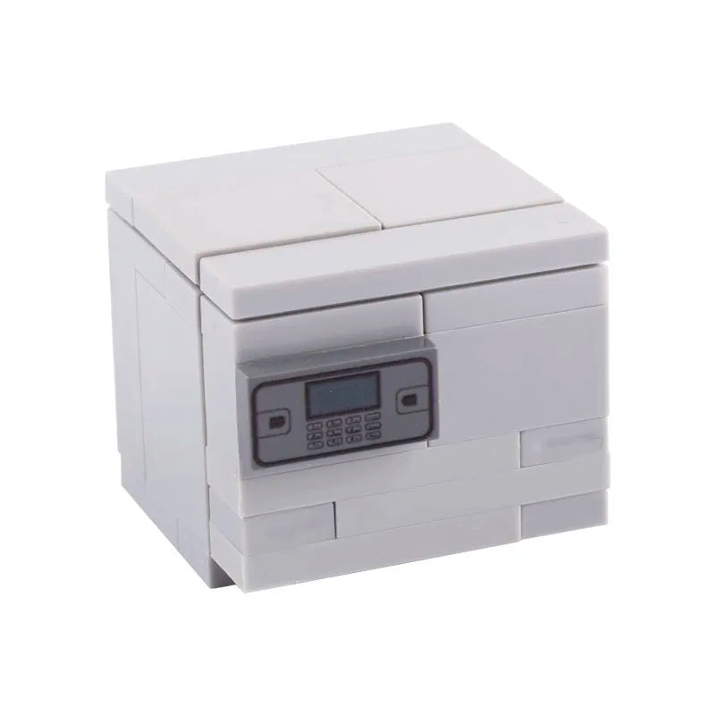 A white building block treasure chest set with a digital display and coin compartments.