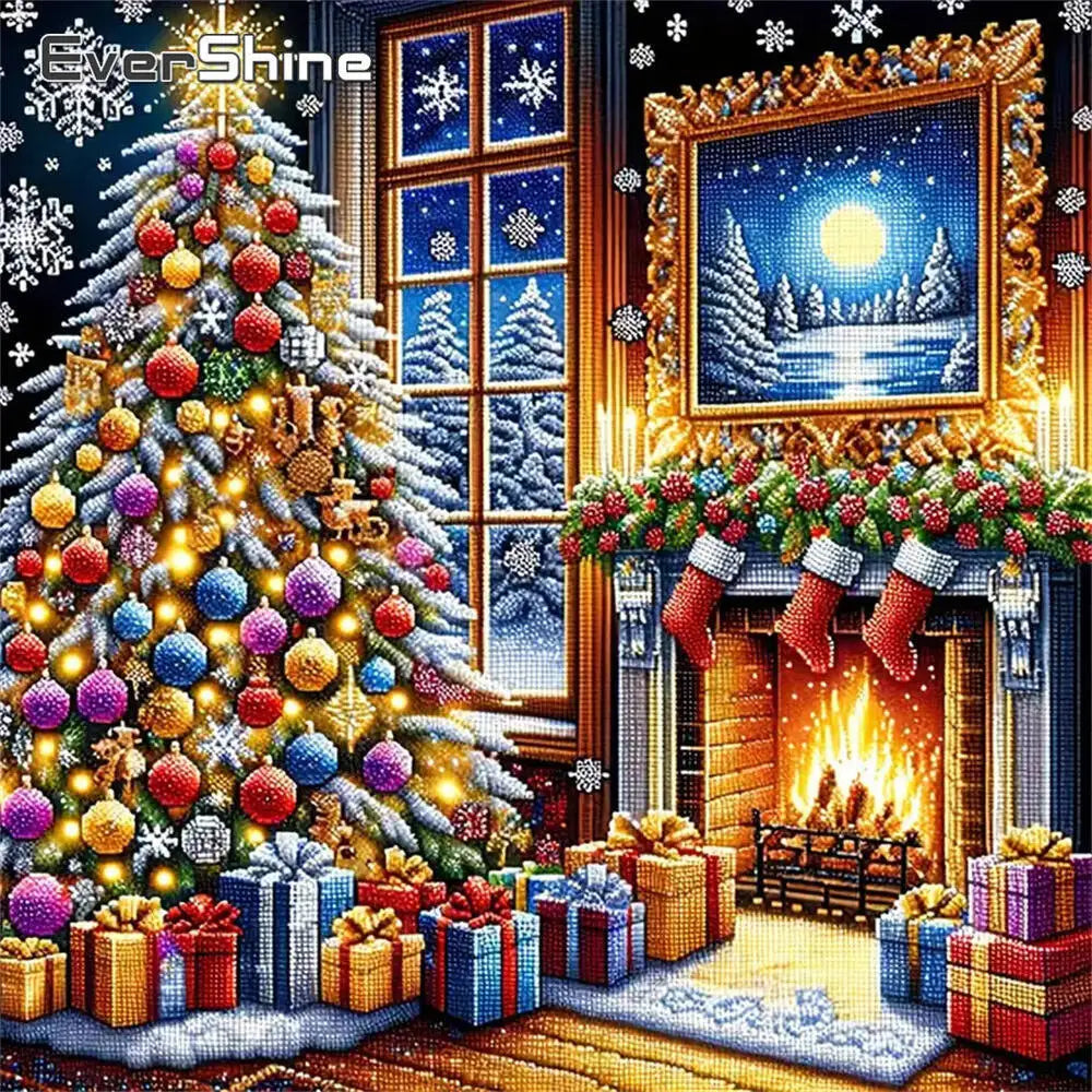 A festive Christmas tree diamond painting kit featuring a sparkling tree decorated with ornaments and lights.
