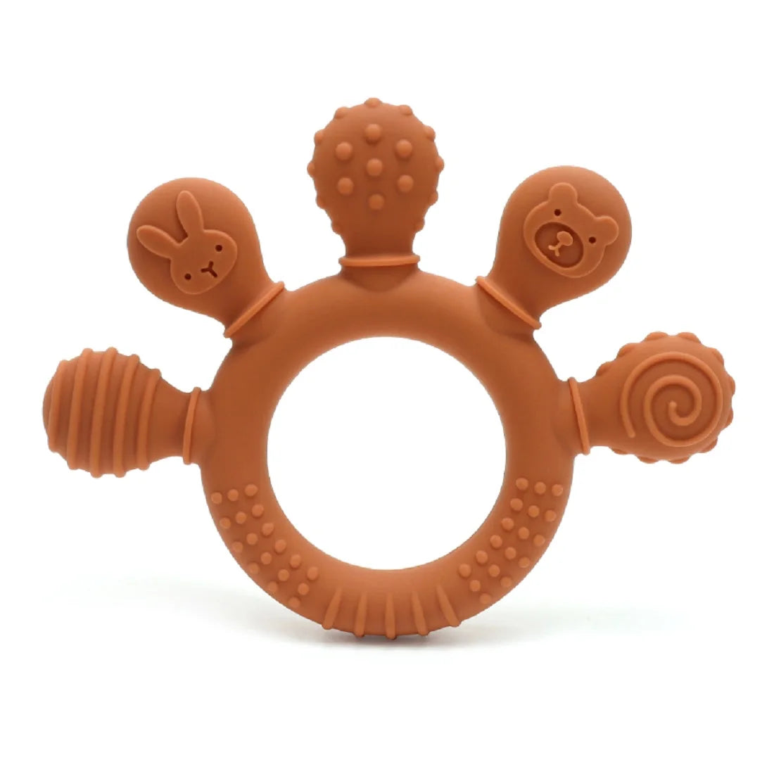 An orange silicone baby teether with various textured beads and animal shapes for soothing gum relief.