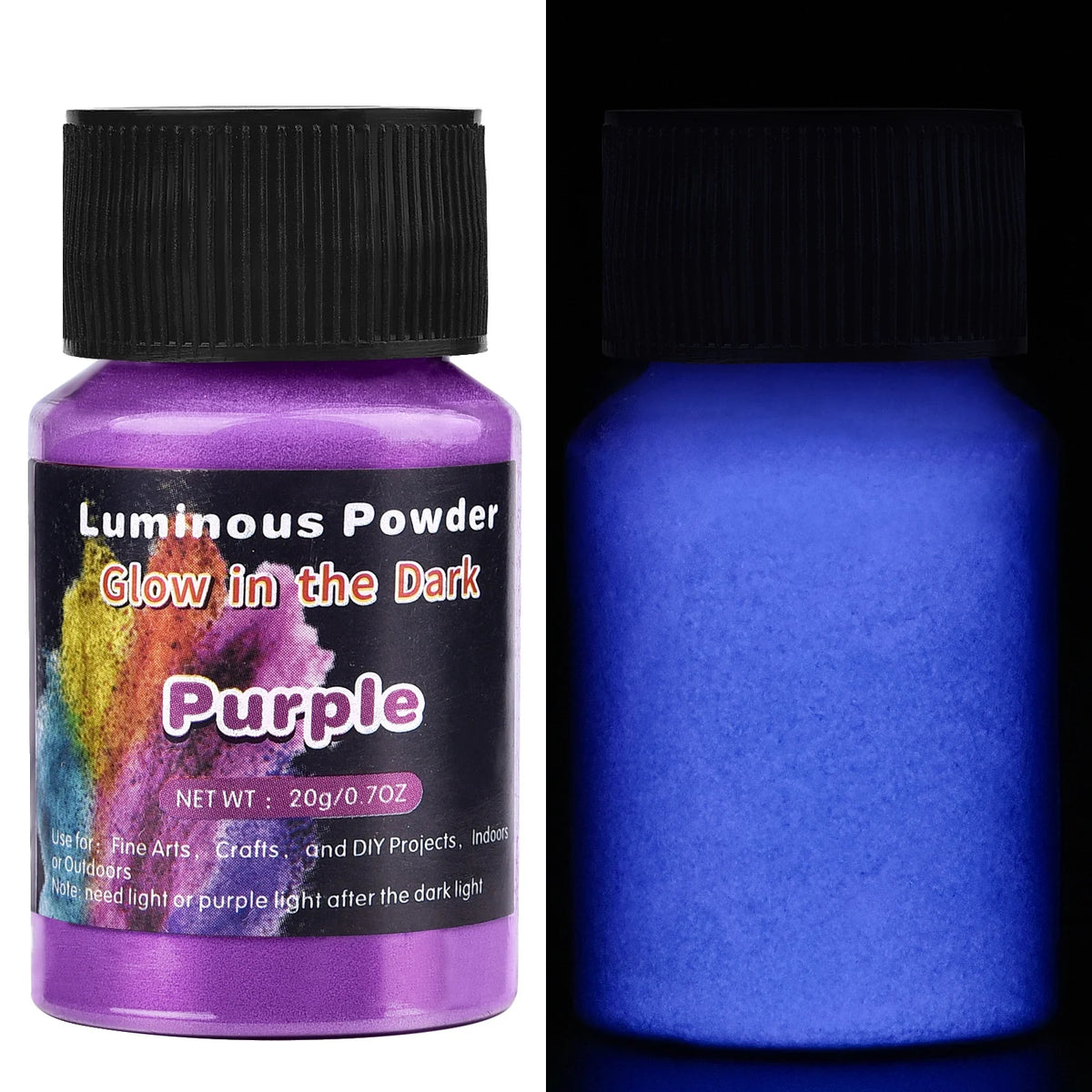 Purple glow-in-the-dark powder pigment in a glass jar for fine arts and crafts