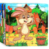 A jigsaw puzzle featuring a cartoon rabbit character in front of a wooden house and trees.