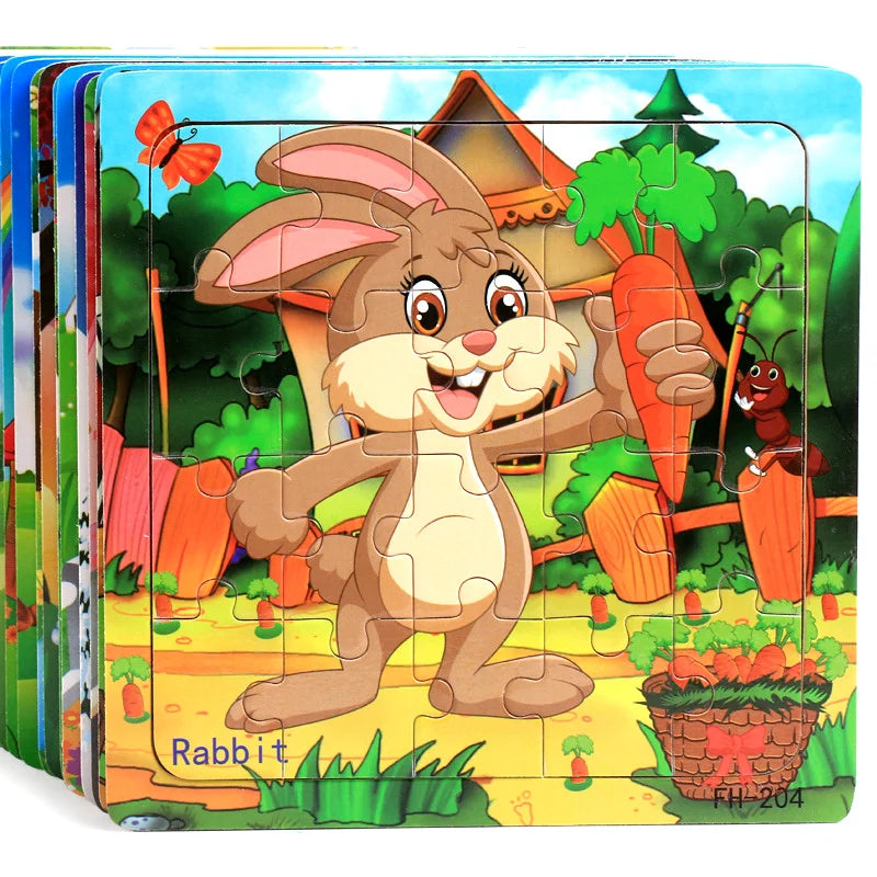A jigsaw puzzle featuring a cartoon rabbit character in front of a wooden house and trees.