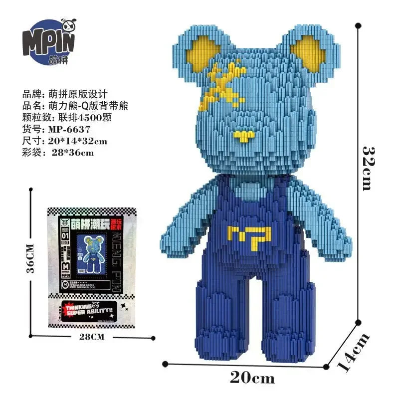 A blue bear-shaped mini building block set featuring yellow accents and a purple background.