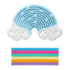 A light blue silicone sensory activity board with a maze pattern and a white silicone board, next to a stack of twelve colore