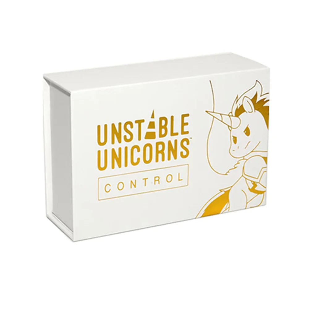 A white box for the Unstable Unicorns Control card game featuring a stylized unicorn illustration.