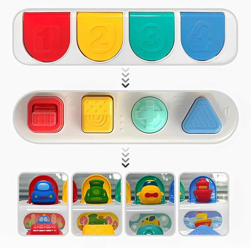 A set of four colored pop-up animal toys for a Montessori cause and effect learning game