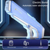 A light blue electric burst water gun is shown in a profile view with features like a waterproof lithium battery, fast charge