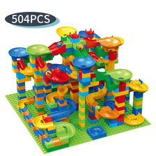 A colorful marble run building blocks maze track toy with various ramps and structures.