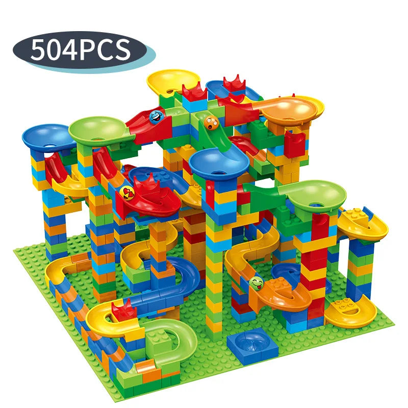 A colorful marble run building blocks maze track toy with various ramps and structures.
