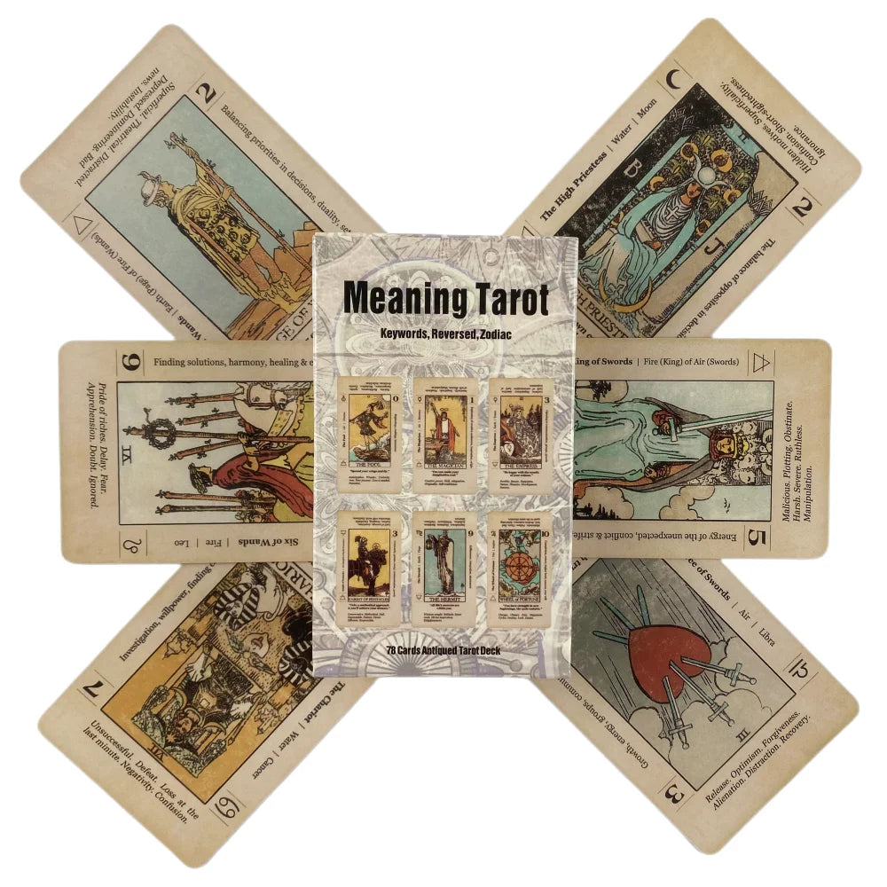 A spread of an antiqued tarot deck featuring various cards and imagery.