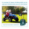 A child is riding a blue toy vehicle, and a Makita battery adapter is shown next to it.
