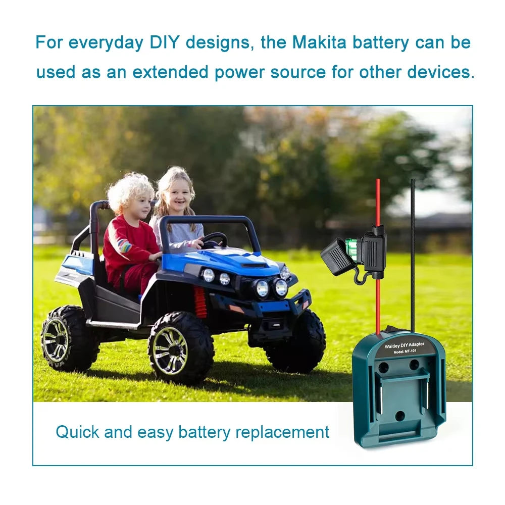 A child is riding a blue toy vehicle, and a Makita battery adapter is shown next to it.