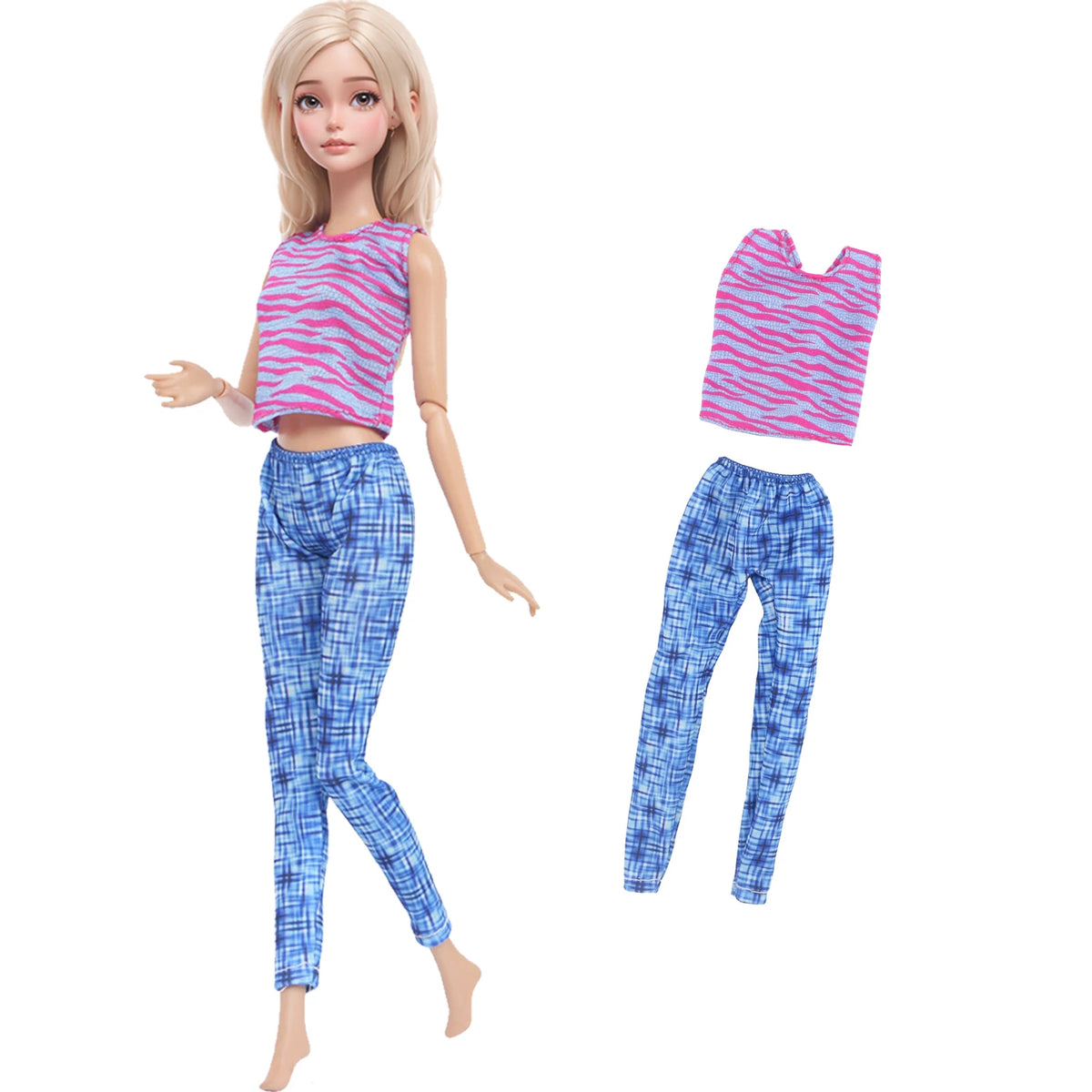 A fashion doll outfit set featuring a pink and purple striped top and matching blue plaid pants.
