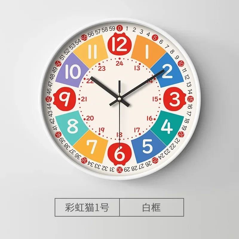 A round analog clock face with colored numbers and hands, featuring red, orange, yellow, green, blue, and white sections.