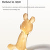 A silicone teether toy shaped like a baby's hand, light yellow in color.